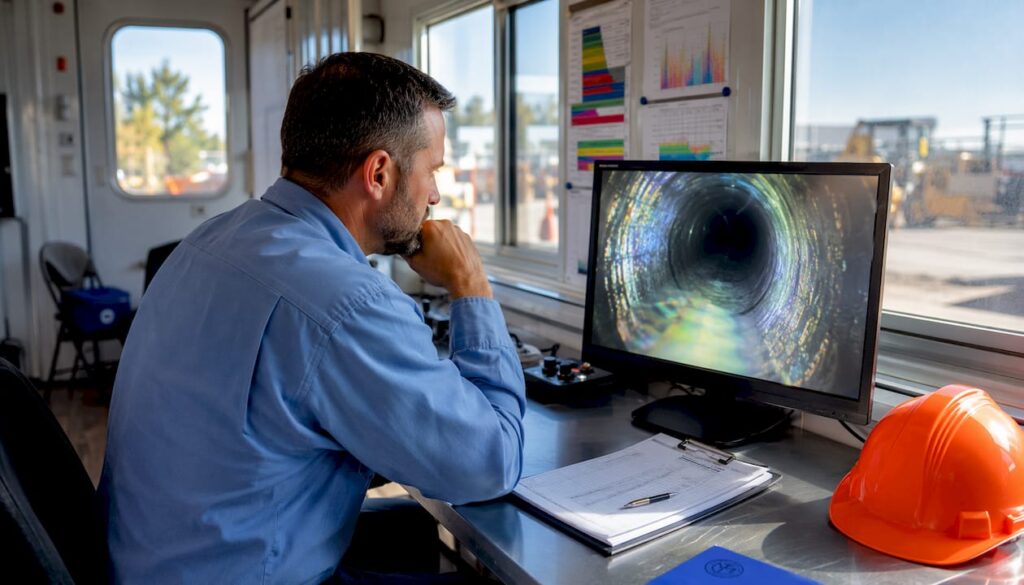 Engineer reviewing CCTV pipe inspection video