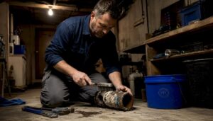 Plumber inspecting scaled cast-iron pipe in workshop