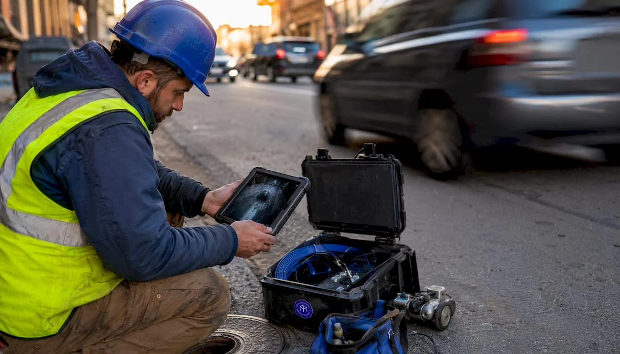 Engineer reviewing trenchless sewer repair footage