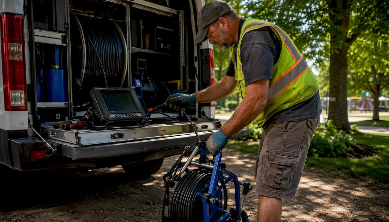 Technician preparing pipe inspection camera in van
