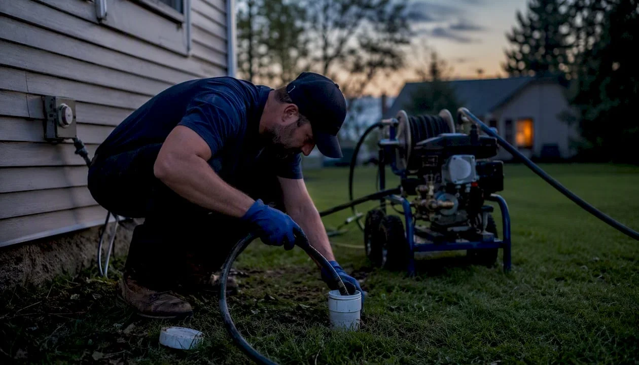 Technician connecting hydro jetting hose at sewer access