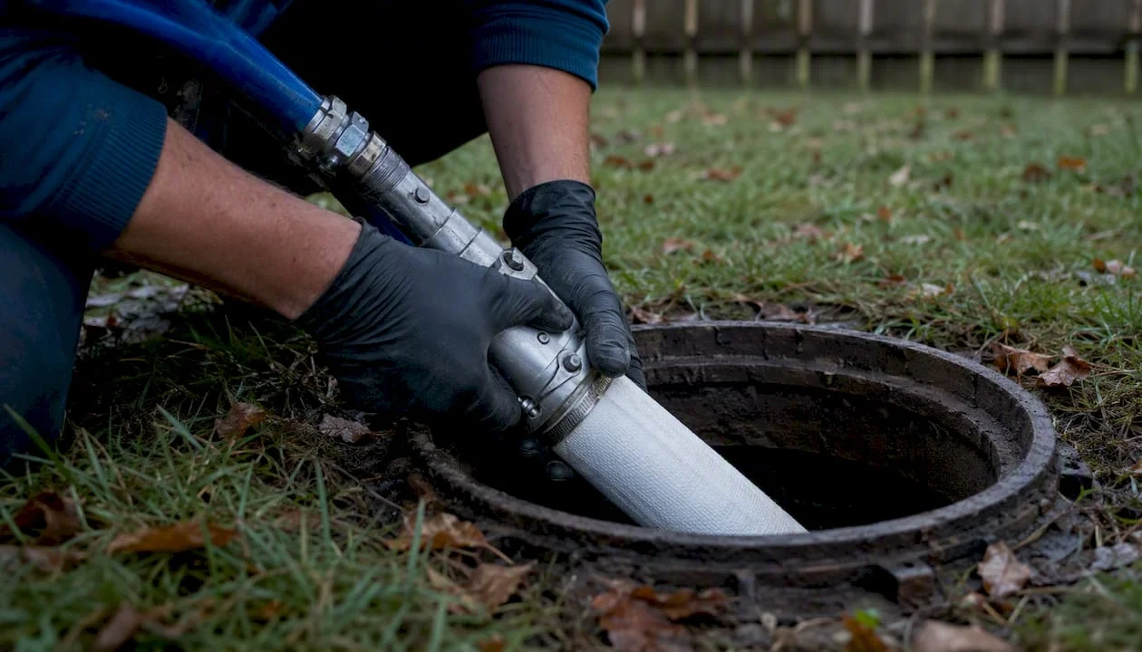 Hands installing sewer pipe liner in yard