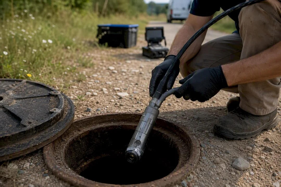 Hands feeding sewer inspection camera into commercial manhole