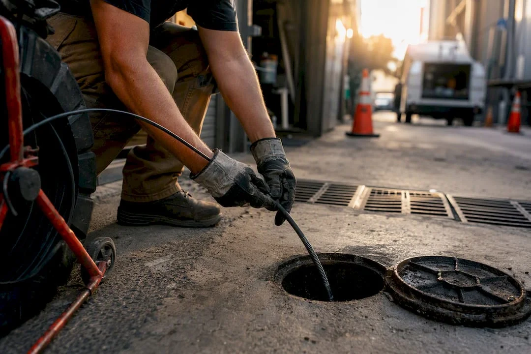 Technician inserting sewer inspection camera cable