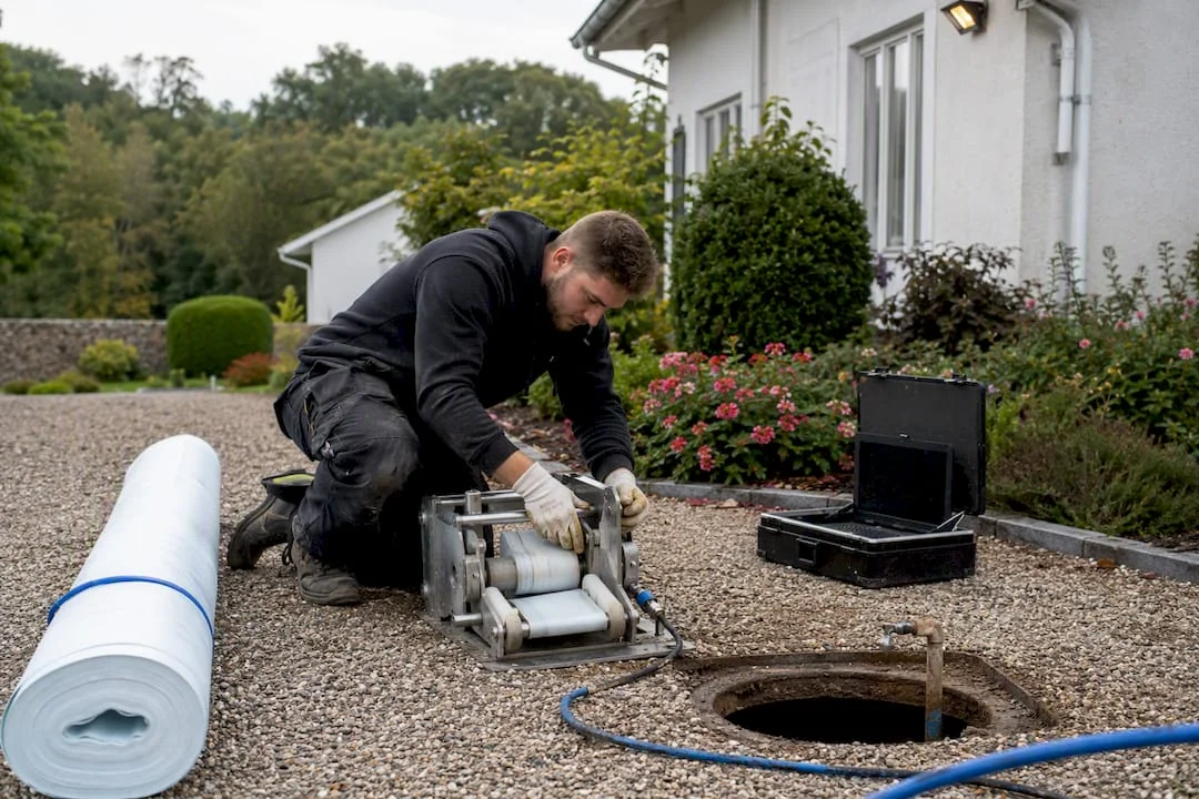 Technician setting up CIPP pipe liner outdoors