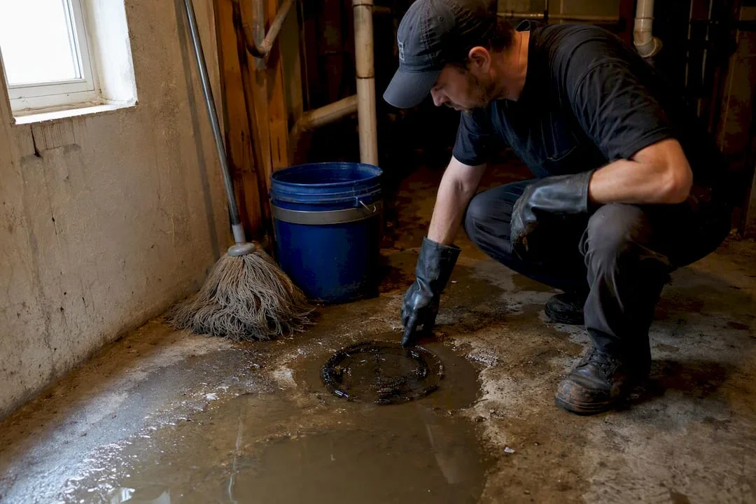 Technician inspecting basement floor drain backup