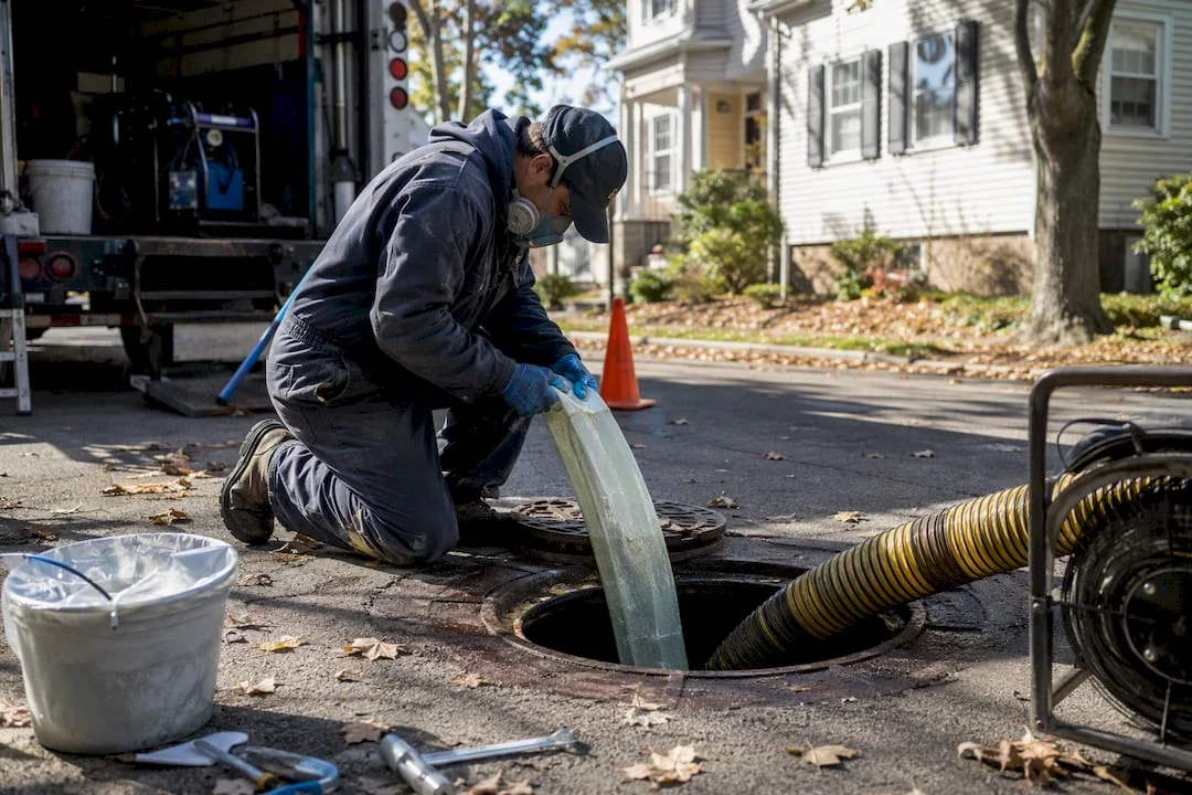 Technician applying trenchless sewer pipe liner