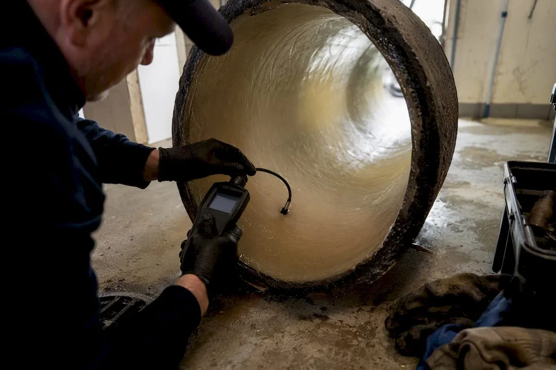 Technician verifying cured pipe liner resin