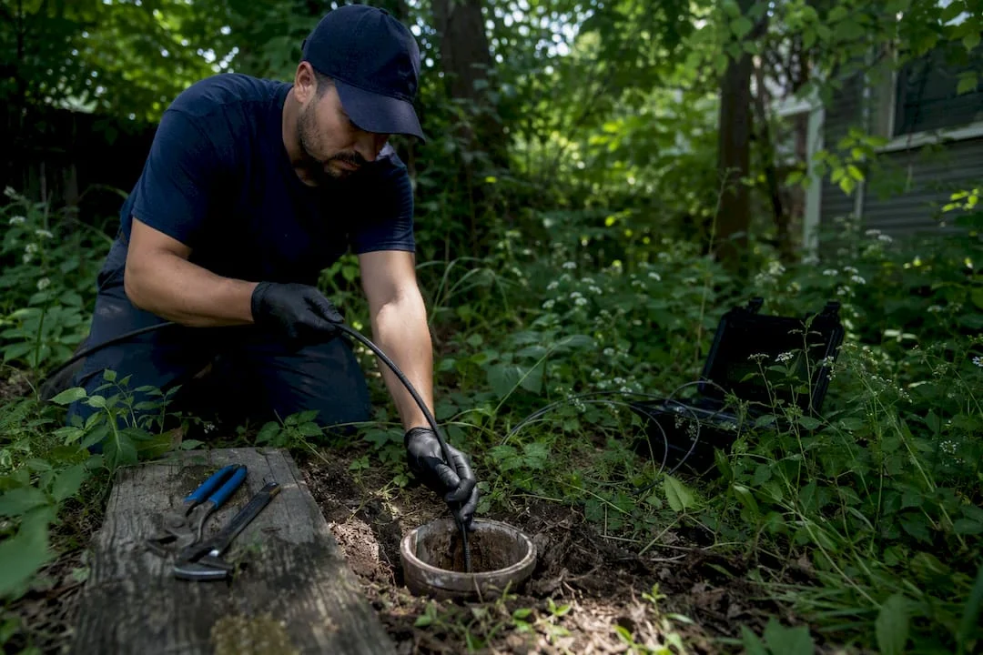Technician inserting sewer camera into pipe