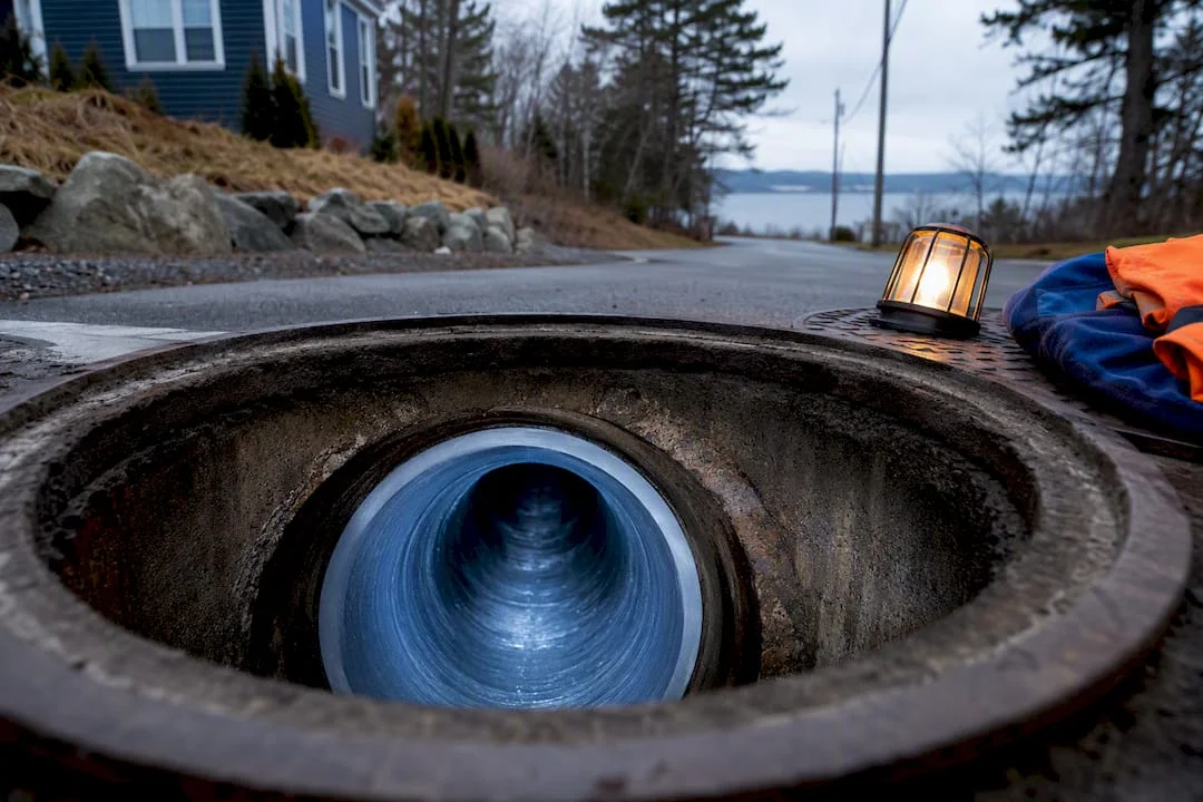 Cured sewer liner inside access chamber