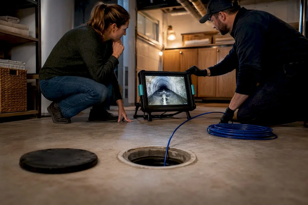 Homeowner viewing sewer belly camera footage