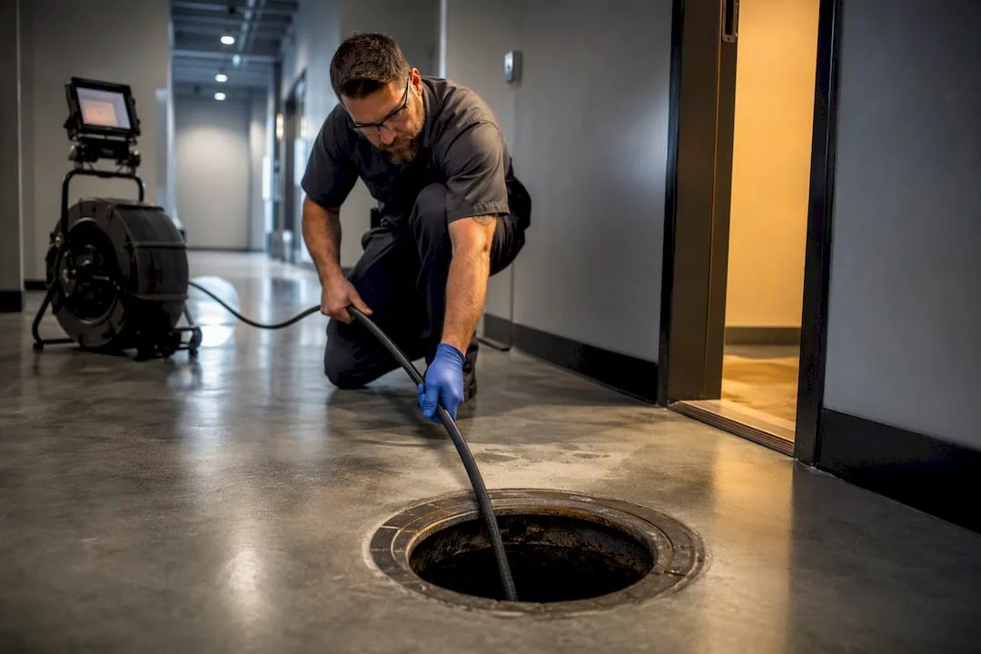 Technician hydro-jetting commercial drain line