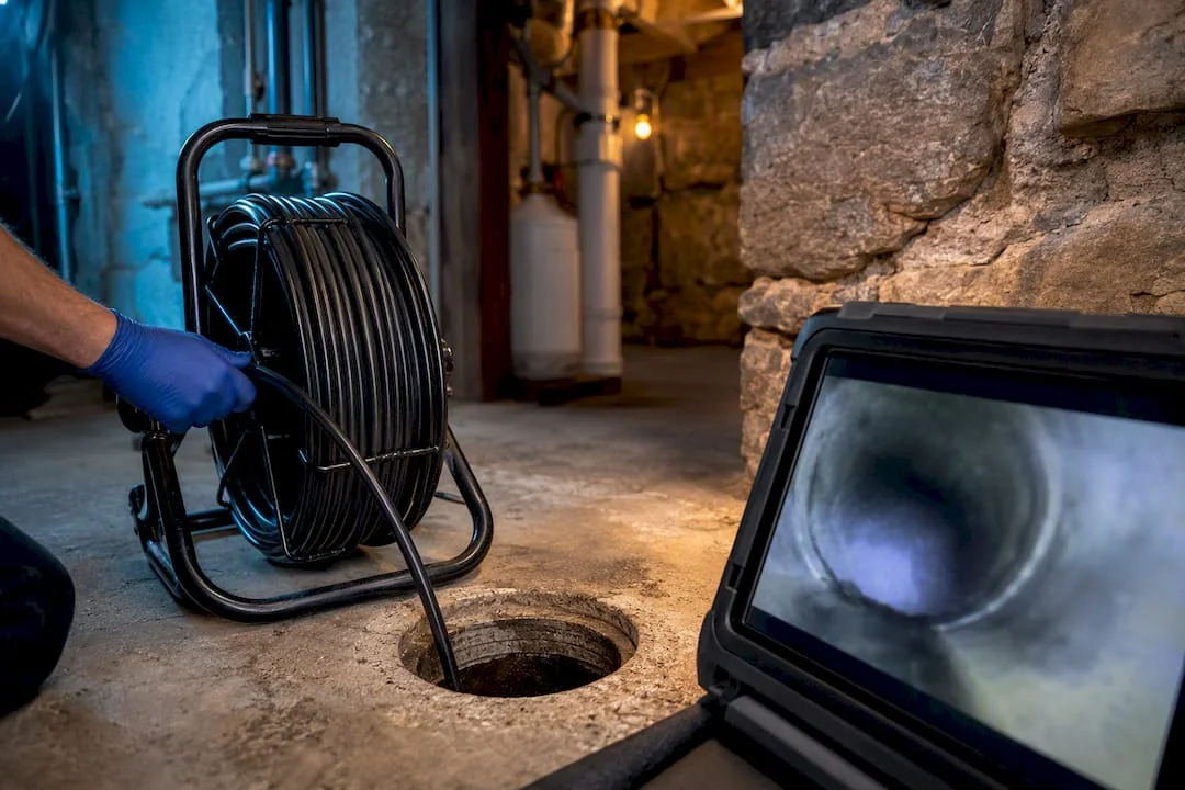 Technician performing sewer camera inspection with monitor