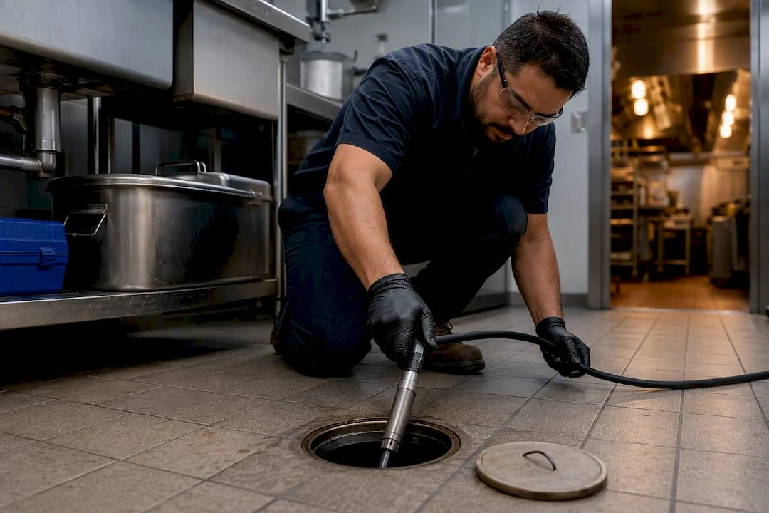 Technician hydro jetting restaurant drain