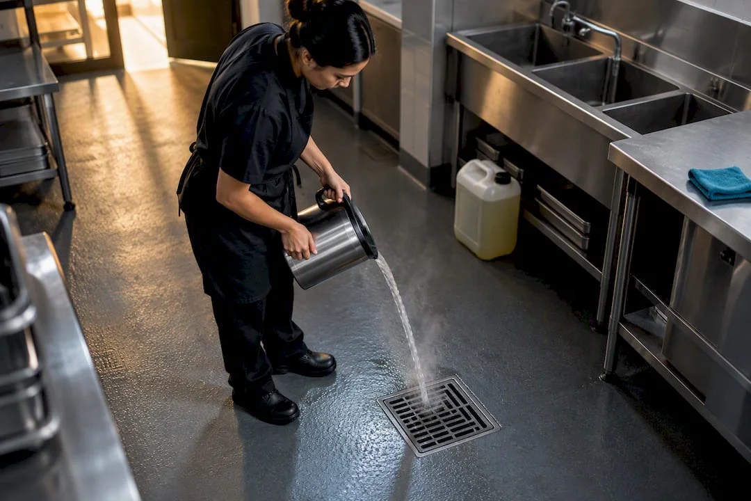 Hot water being poured into restaurant floor drain